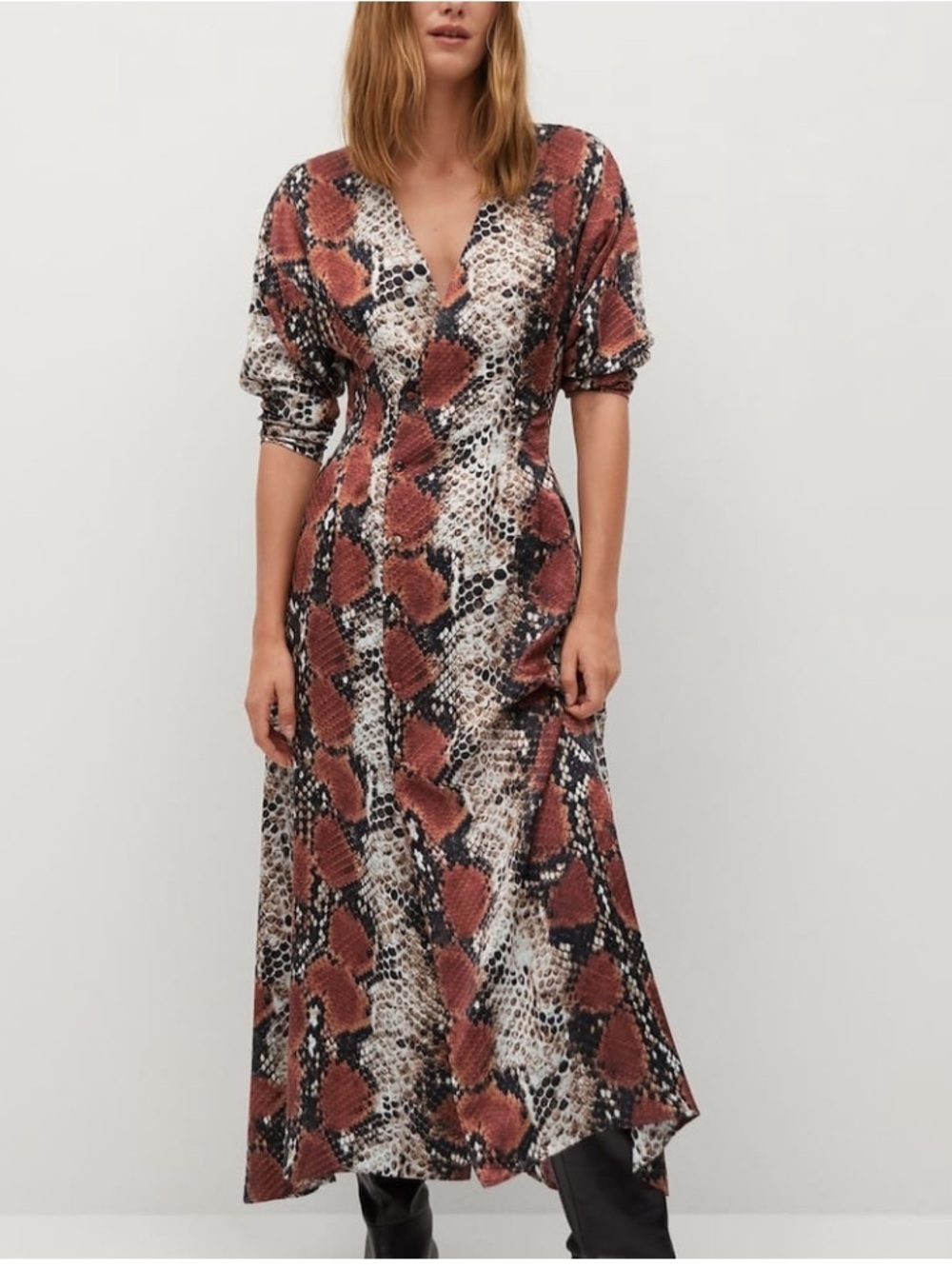 MANGO Snake print gown Oversized Long Maxi Dress with long Sleeve-size 4 NWOT